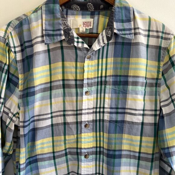 1901 Blue Green Yellow Plaid Button Down Collared Shirt Nordstroms Men's Medium - Picture 4 of 16